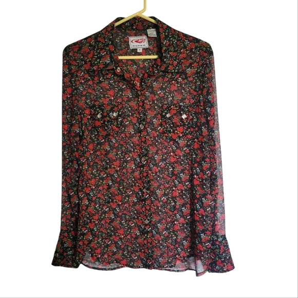 Roper Tops - Roper Sheer Floral Pear Snap Blouse